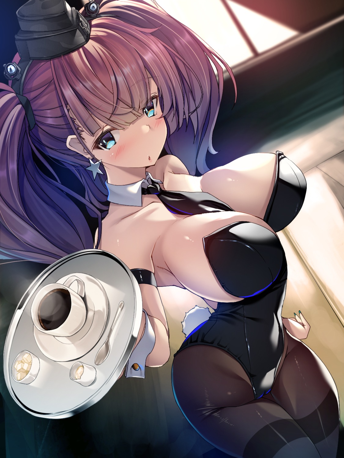 atlanta_(kancolle) bunny_girl kantai_collection no_bra pantyhose tail torisan waitress