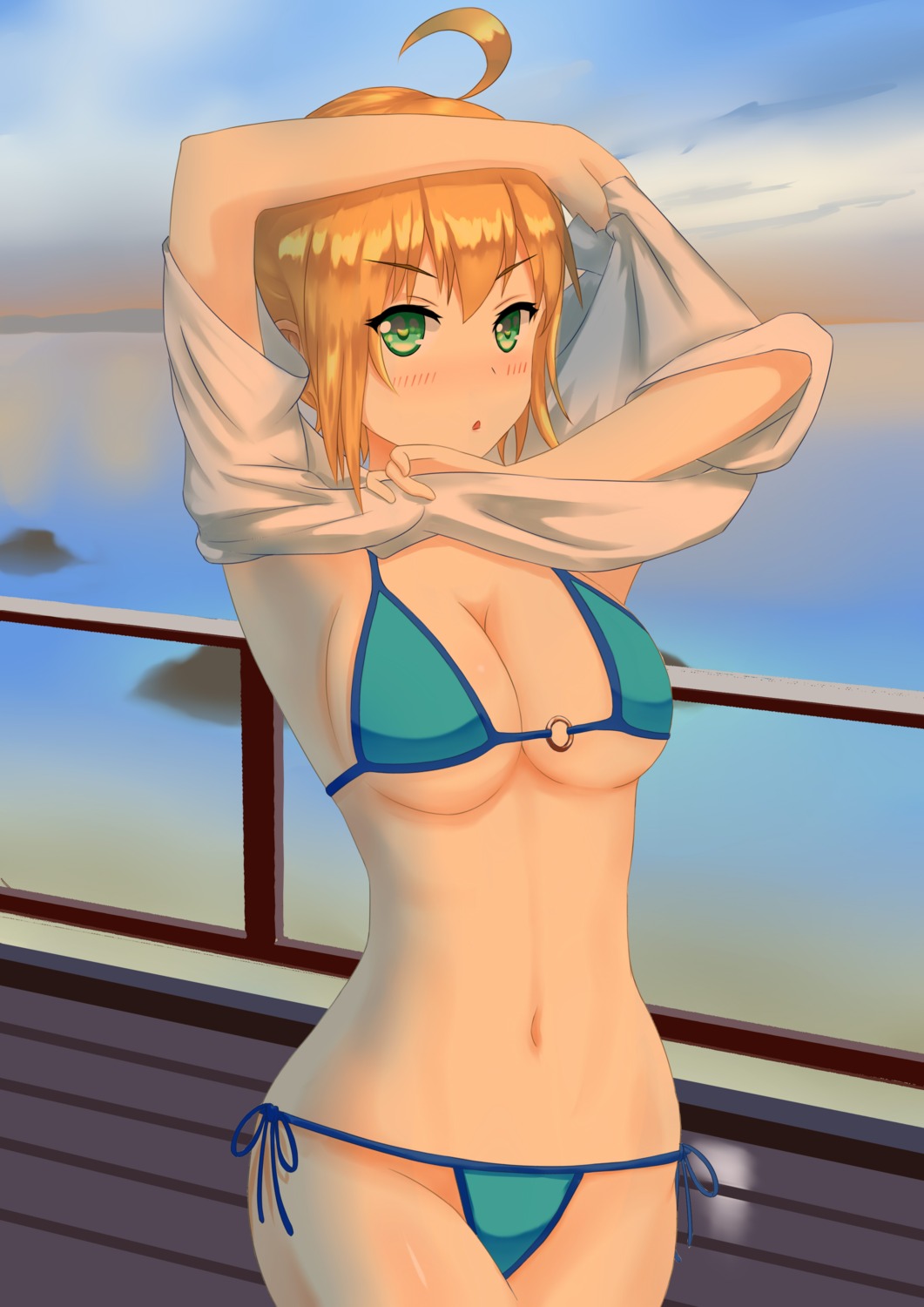 bikini cleavage dylannn fate/extra fate/grand_order fate/stay_night saber saber_extra swimsuits underboob undressing