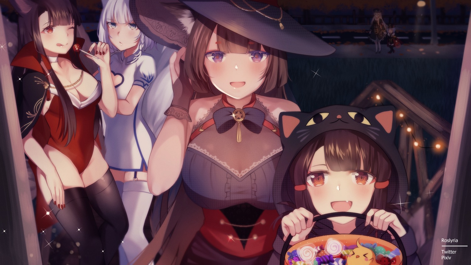 akagi-chan_(azur_lane) akagi_(azur_lane) amagi_(azur_lane) animal_ears azur_lane breast_hold chinadress halloween kaga_(azur_lane) kitsune leotard manjuu_(azur_lane) nekomimi no_bra roslyria see_through stockings tail thighhighs wallpaper witch