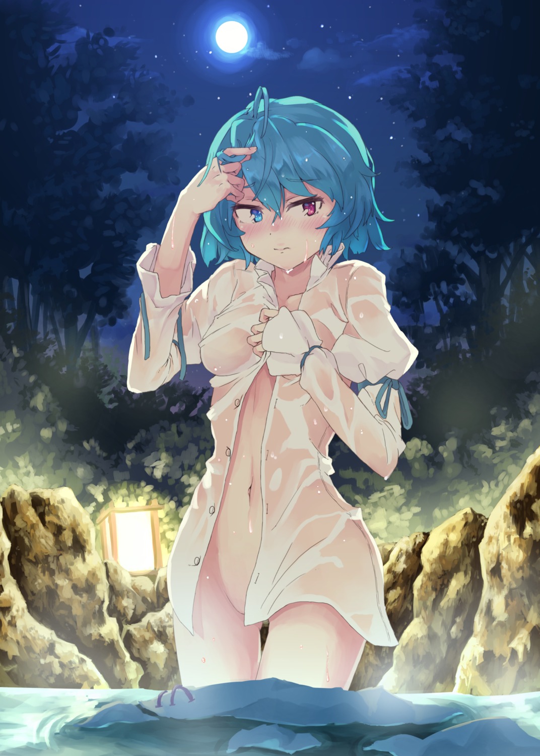 bottomless dress_shirt heterochromia mumyuu no_bra open_shirt see_through tatara_kogasa touhou wet wet_clothes