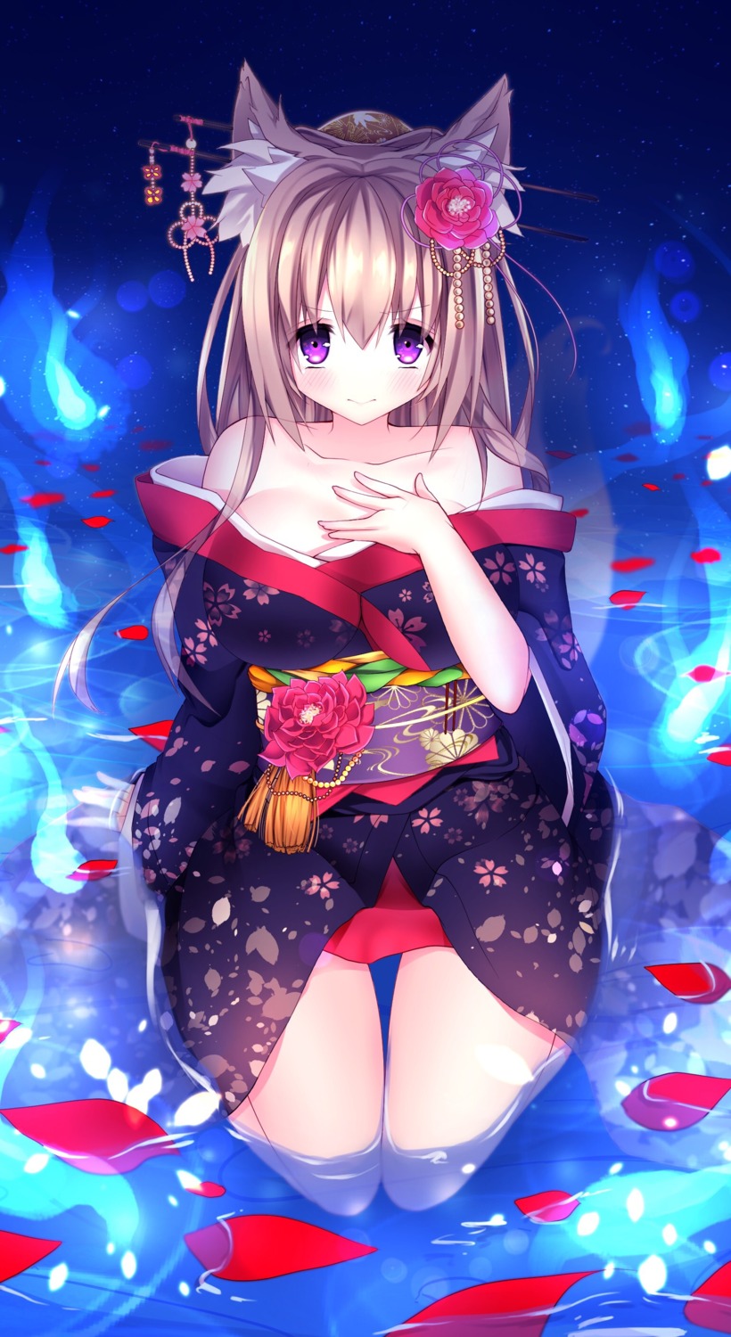 animal_ears cleavage japanese_clothes kabako kimono wet