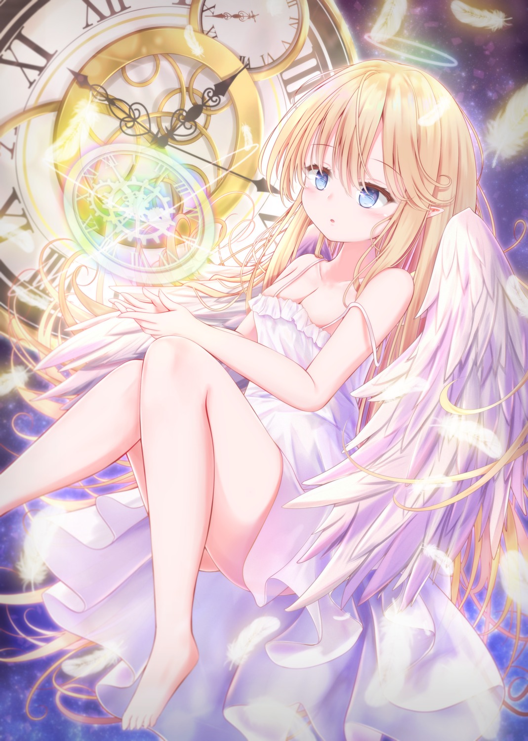 angel cleavage dress feet no_bra pointy_ears rulu skirt_lift wardrobe_malfunction wings