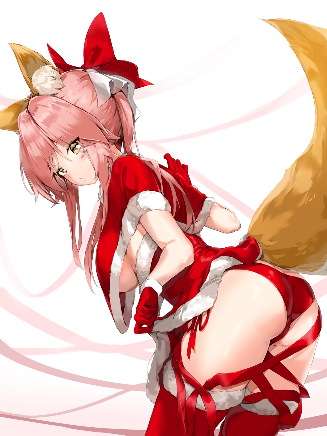 animal_ears ass christmas fate/grand_order kitsune no_bra pantsu pixel_(yuxian) skirt_lift string_panties tail tamamo_no_mae thighhighs underboob