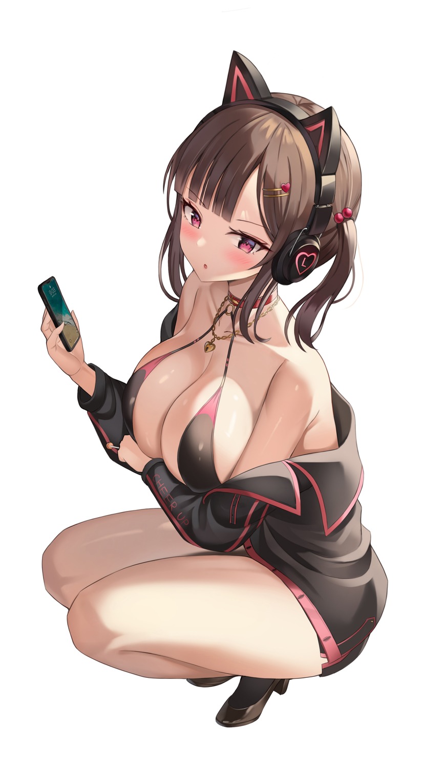 animal_ears bikini_top breast_hold headphones heels kitin nekomimi open_shirt swimsuits