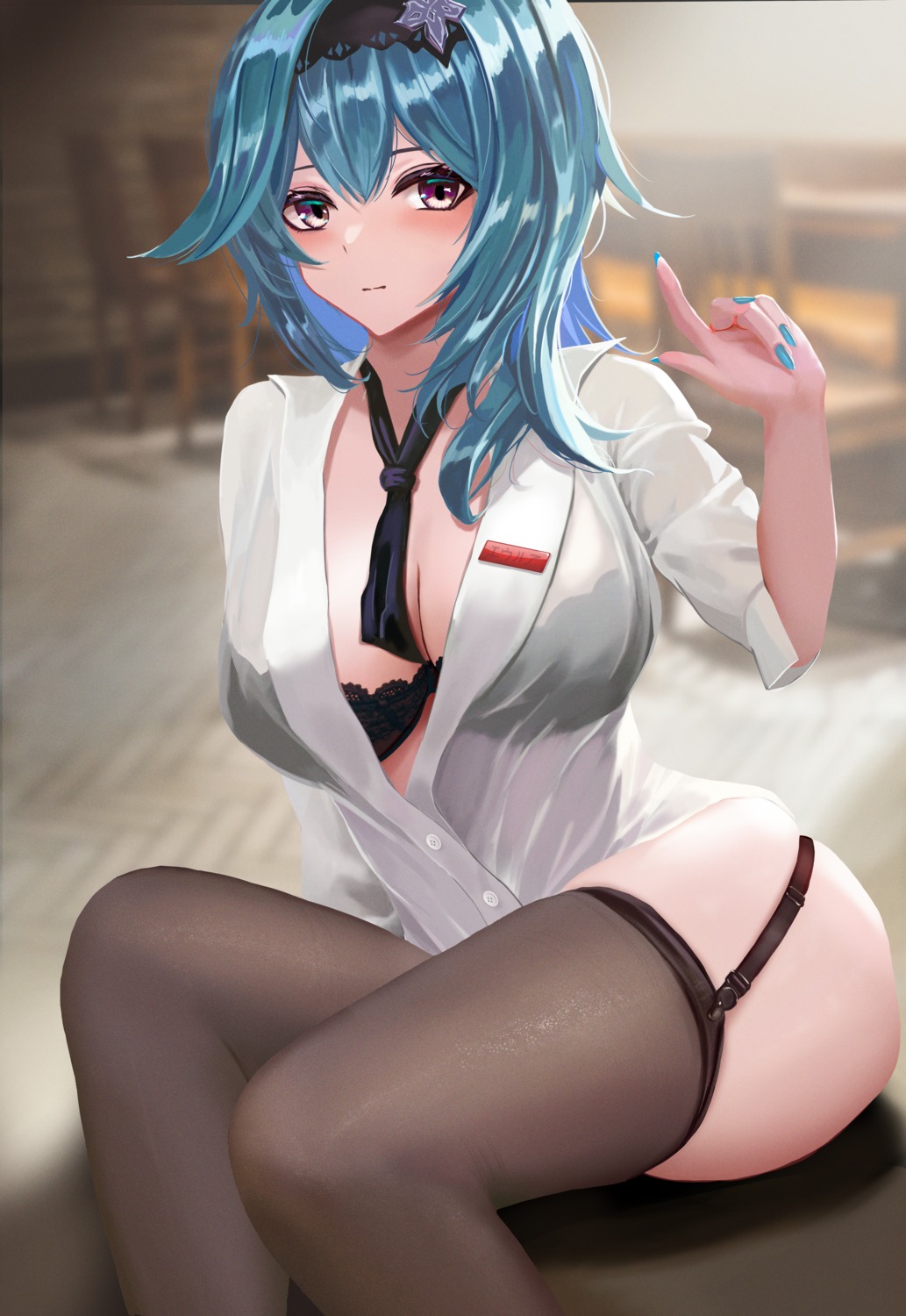 bra dress_shirt eula genshin_impact megi.nalter open_shirt see_through stockings thighhighs