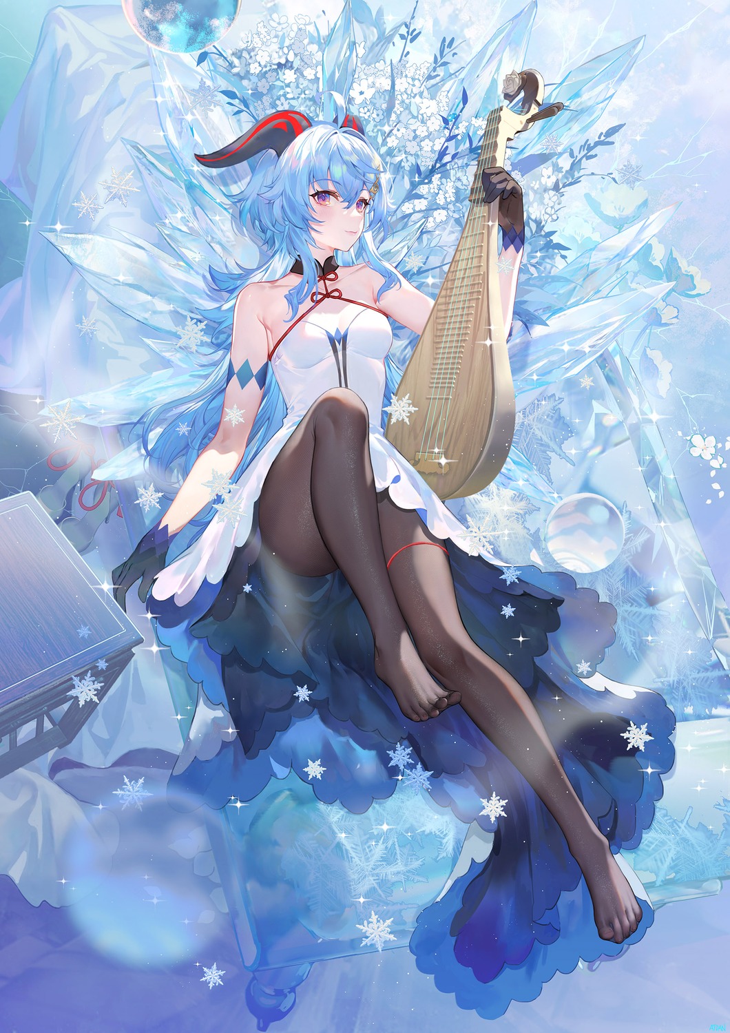 atdan dress ganyu garter genshin_impact horns no_bra pantyhose skirt_lift