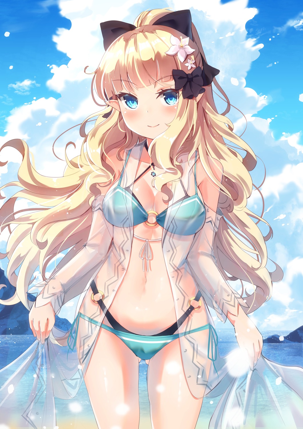 bikini holmemee open_shirt pointy_ears princess_connect! princess_connect!_re:dive sasaki_saren see_through skirt_lift swimsuits