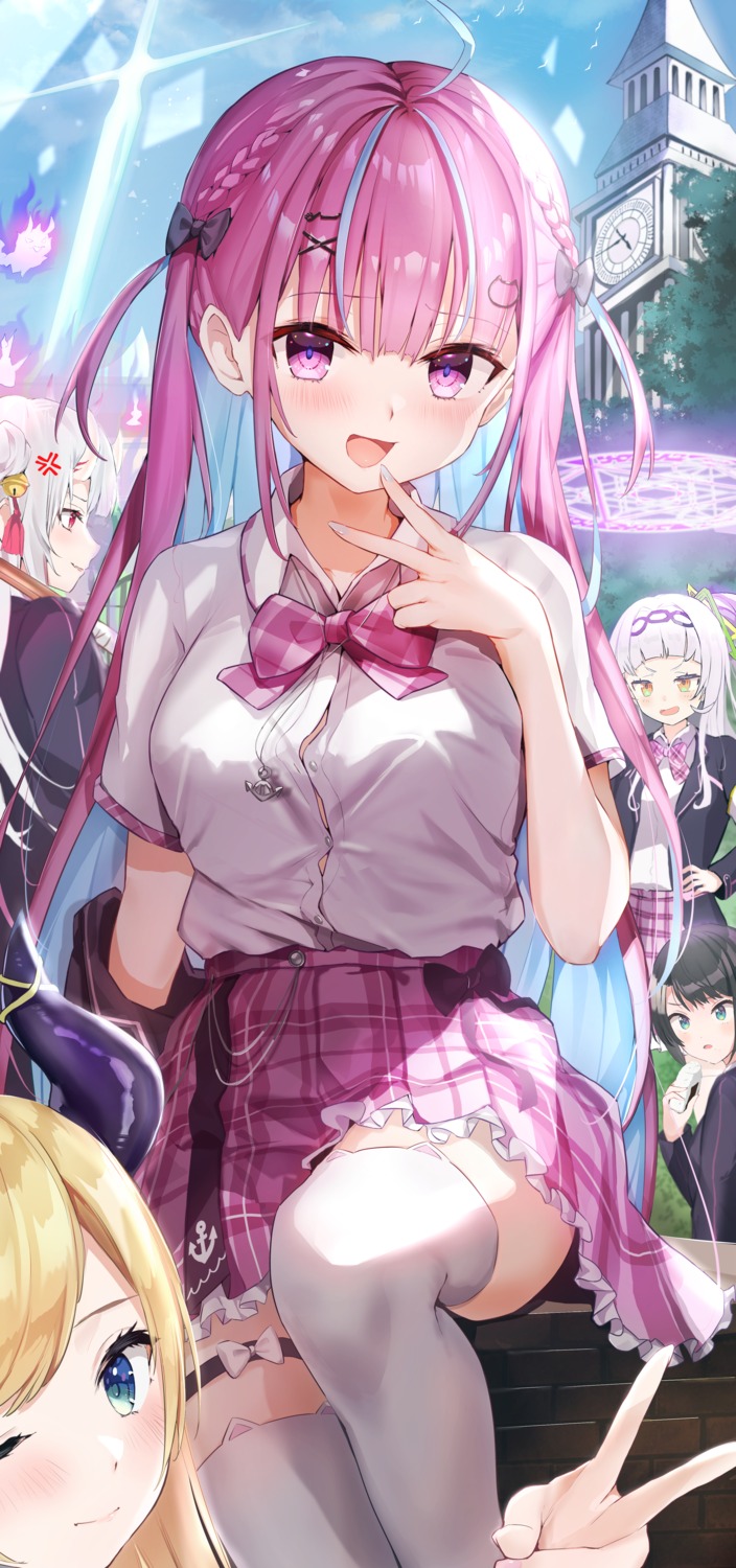 garter hololive horns minato_aqua mugiusagi murasaki_shion nakiri_ayame oozora_subaru seifuku skirt_lift thighhighs yuzuki_choco