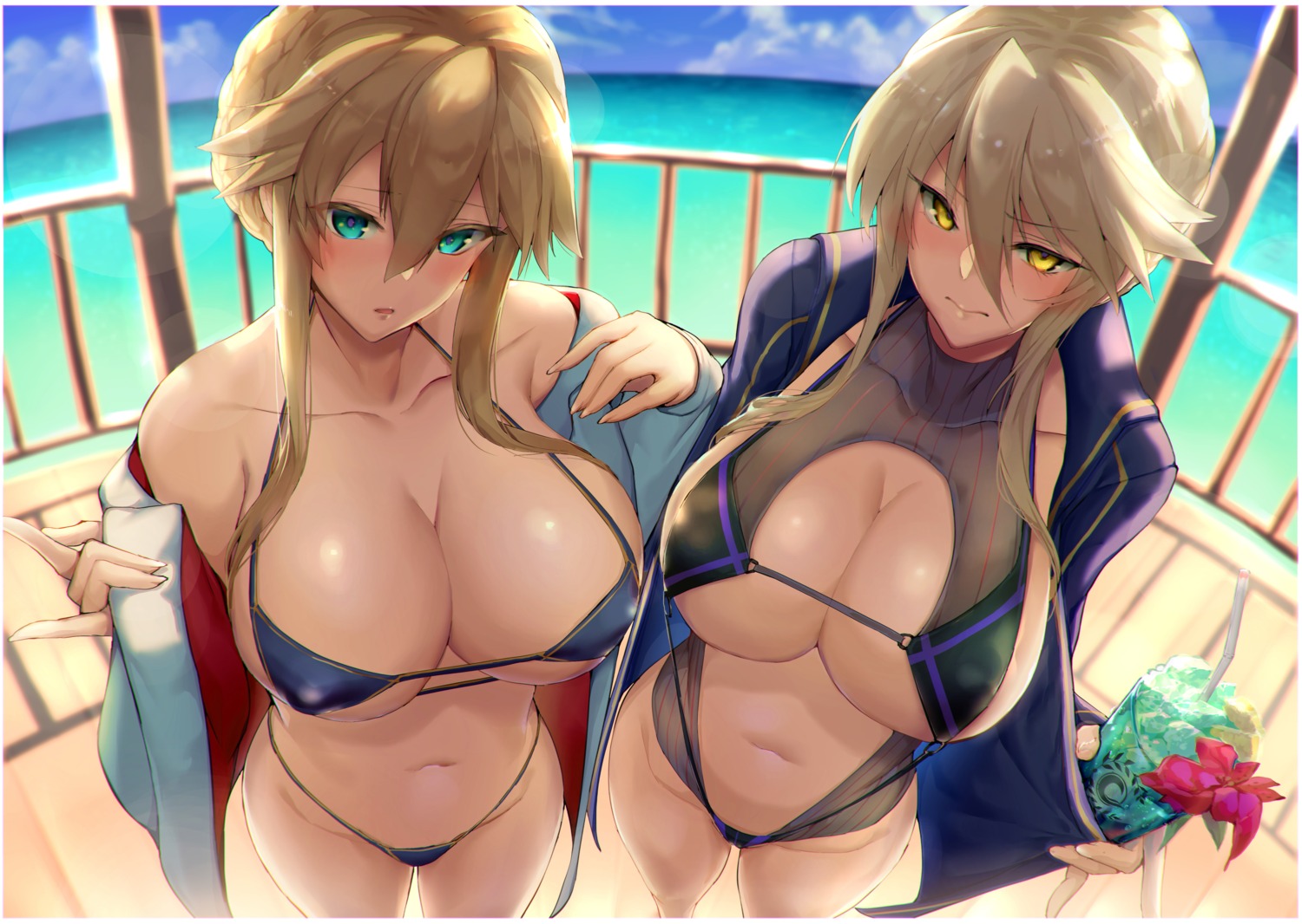 armadillo artoria_pendragon_(lancer) artoria_pendragon_alter_(fate/grand_order) bikini erect_nipples fate/grand_order open_shirt renji swimsuits undressing