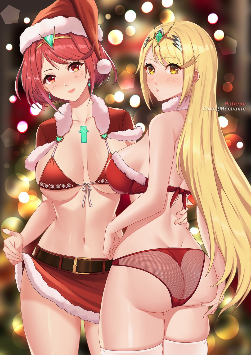 ass bikini bikini_top christmas chungmechanic hikari_(xenoblade_2) homura_(xenoblade_2) see_through skirt_lift swimsuits thighhighs xenoblade xenoblade_chronicles_2