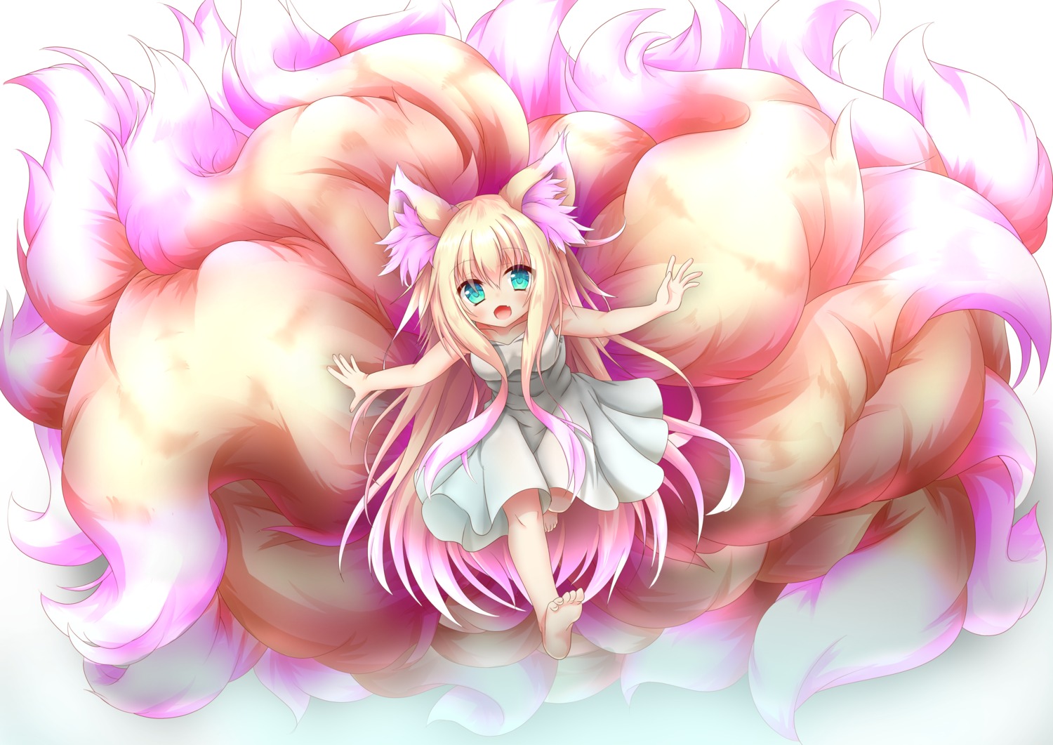 animal_ears dress feet kitsune kitsune_mugi_nyan skirt_lift tail