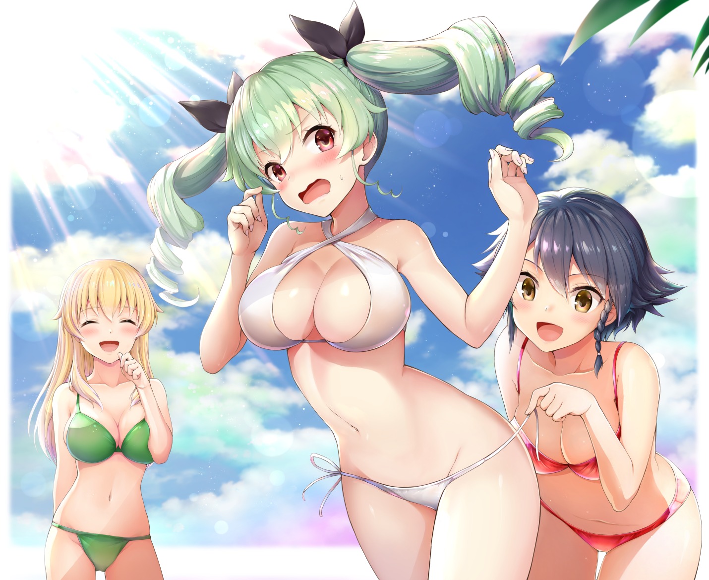 anchovy bikini breast_hold carpaccio chacharan cleavage girls_und_panzer pepperoni swimsuits undressing yuri