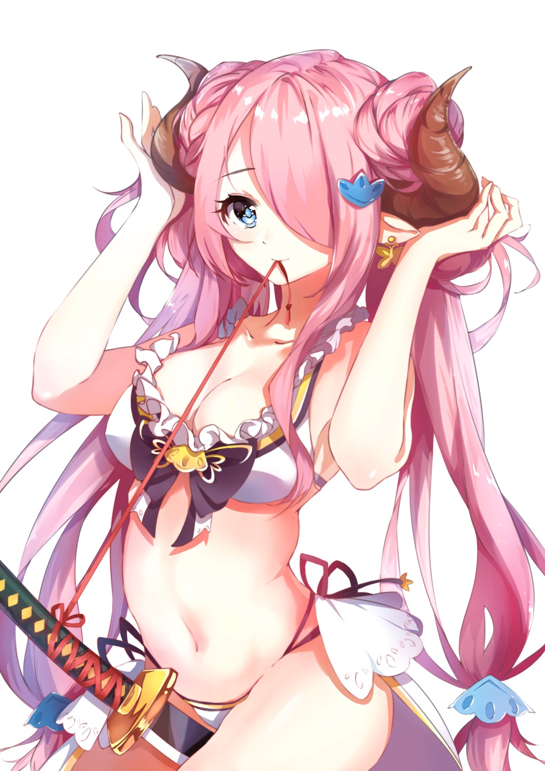 bikini cleavage granblue_fantasy horns huashengjiang narumeia_(granblue_fantasy) pointy_ears swimsuits sword
