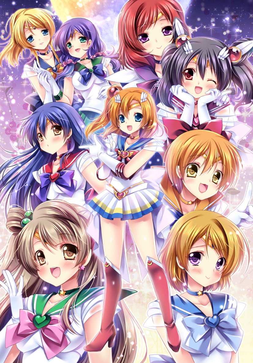 ayase_eli crossover heels hoshizora_rin koizumi_hanayo kousaka_honoka love_live! minami_kotori nishikino_maki sailor_moon sakurano_ruu sonoda_umi thighhighs toujou_nozomi yazawa_nico