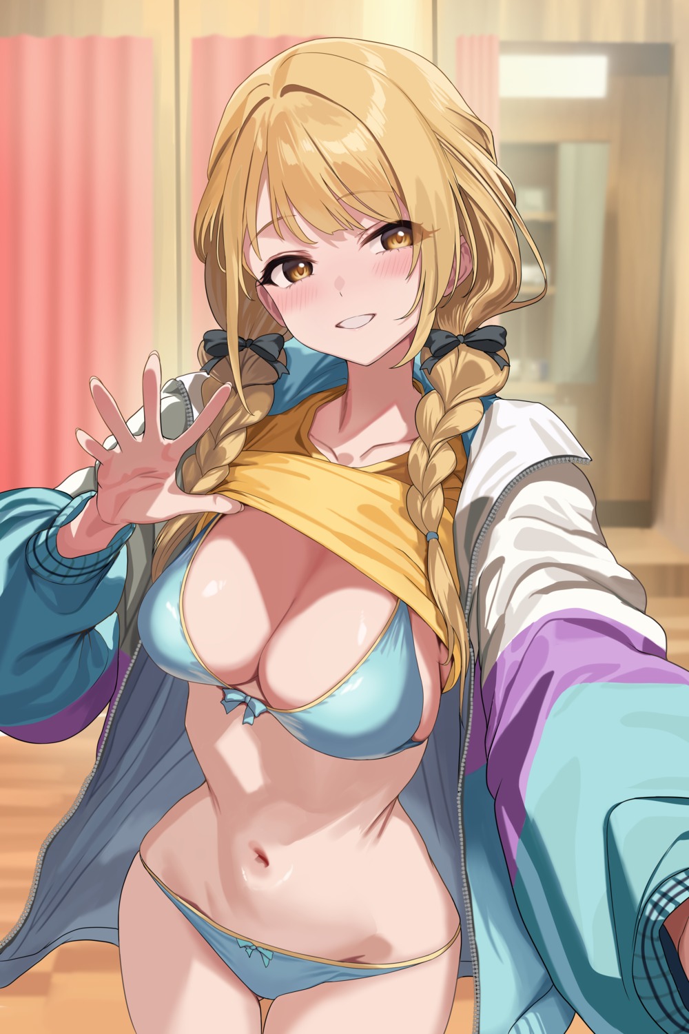 bikini fujita_kotone gakuen_idolm@ster hidis0086 open_shirt selfie shirt_lift swimsuits the_idolm@ster undressing