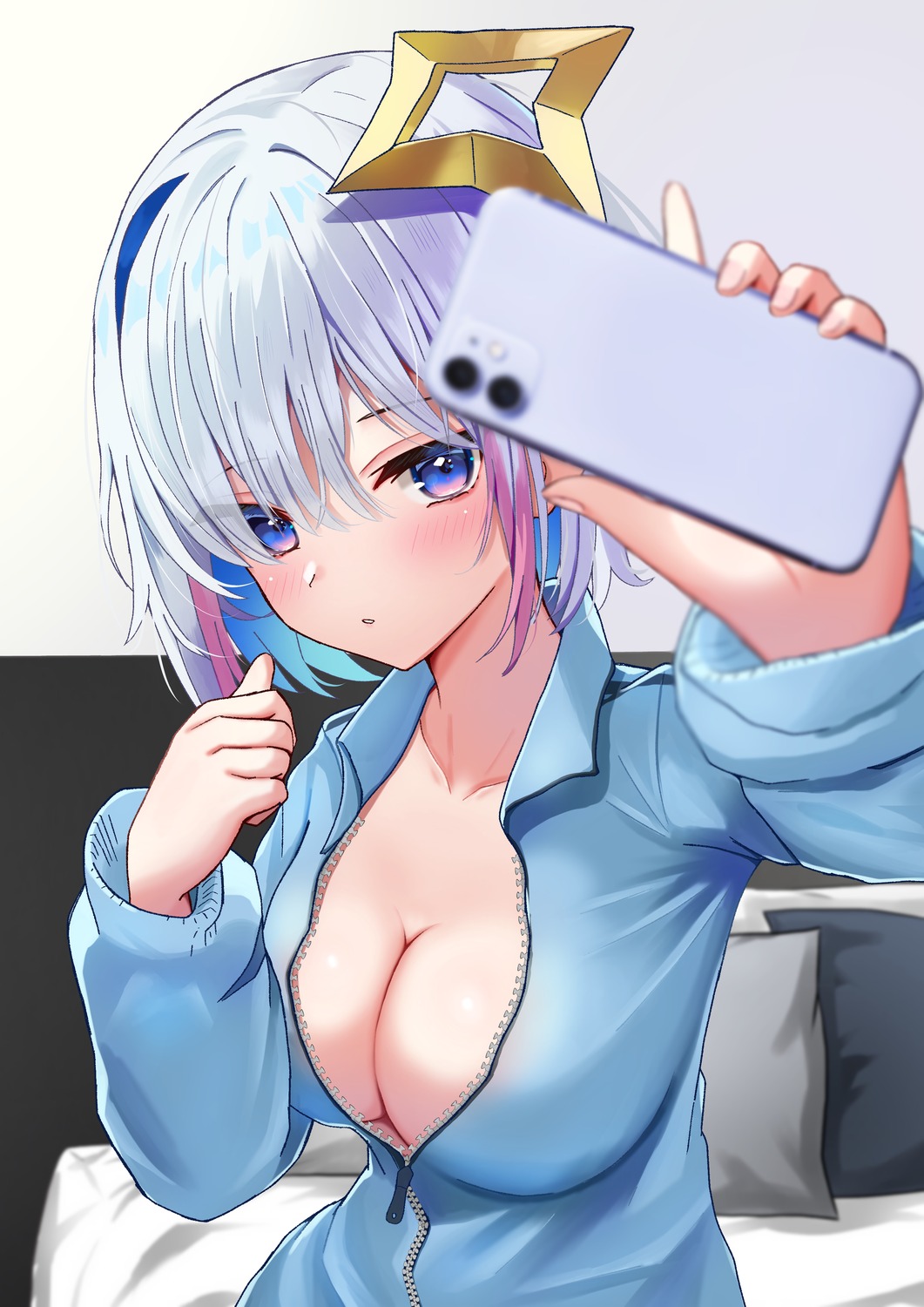 amane_kanata halo hololive no_bra o29sukizero open_shirt selfie