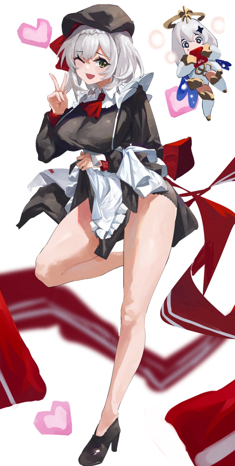 ass chibi feipin_zhanshi genshin_impact heels noelle_(genshin_impact) paimon pantsu skirt_lift