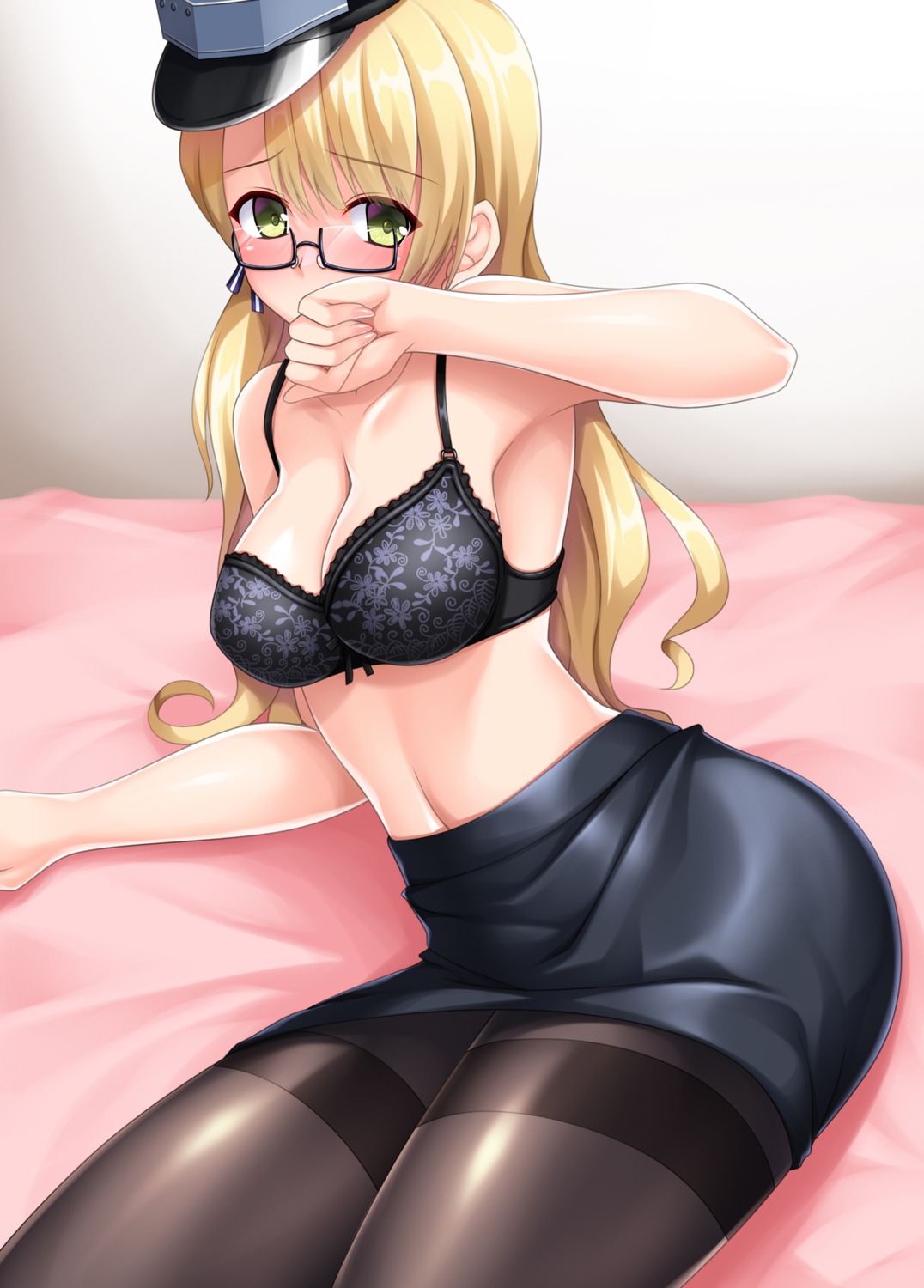 bra cleavage kantai_collection megane northampton_(kancolle) pantyhose skirt_lift tagme