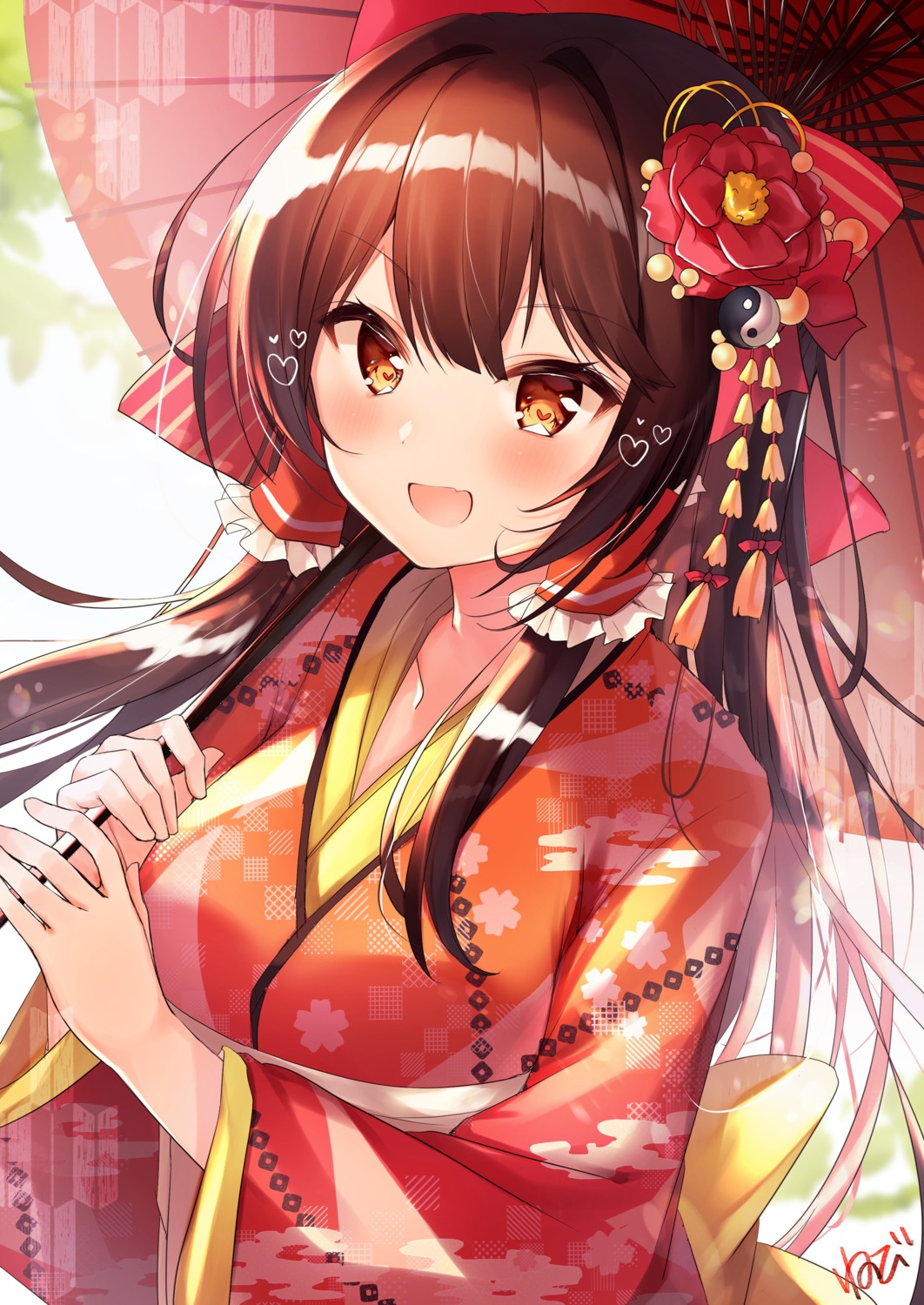 hakurei_reimu kimono nenobi_(nenorium) touhou umbrella