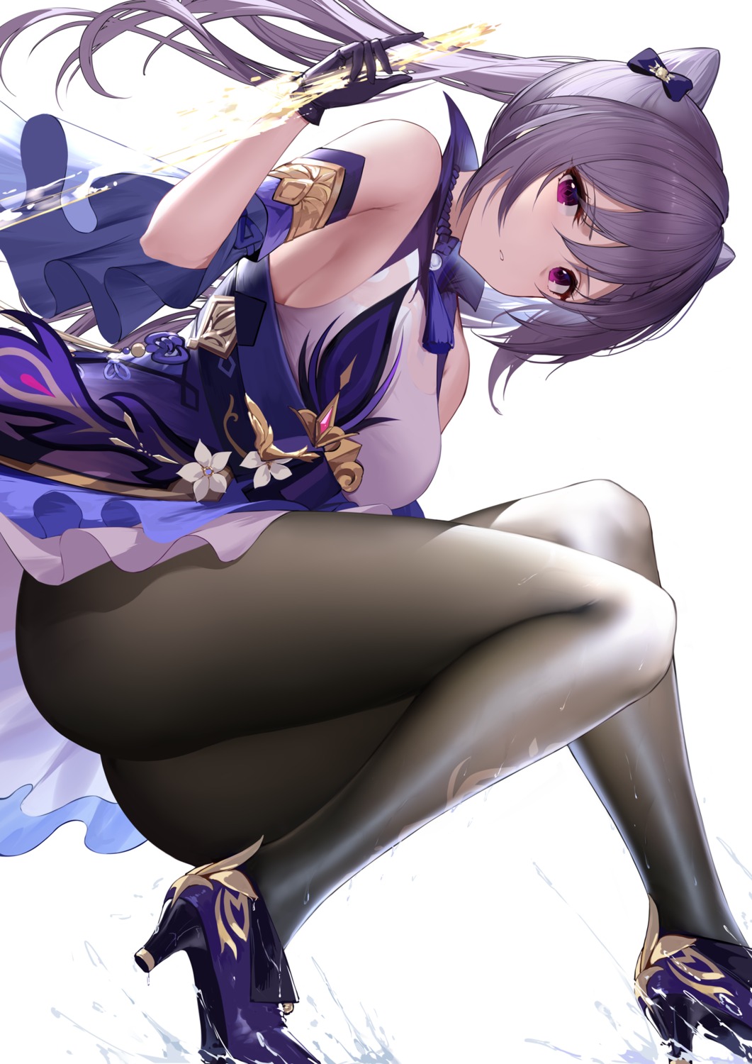 an_yasuri asian_clothes genshin_impact heels keqing no_bra pantyhose skirt_lift