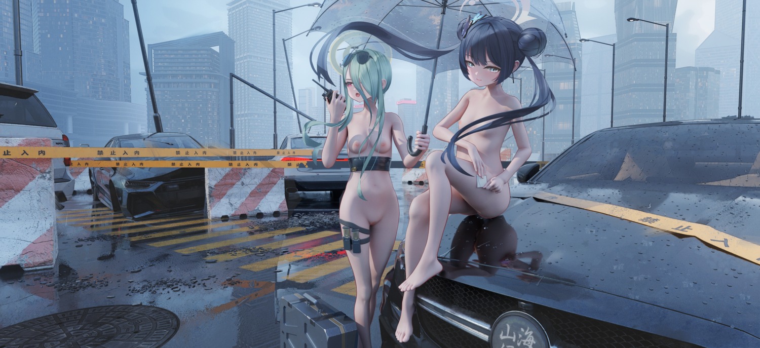 blue_archive garter halo konoe_mina loli megane mr_ito naked nipples pussy ryuuge_kisaki umbrella uncensored