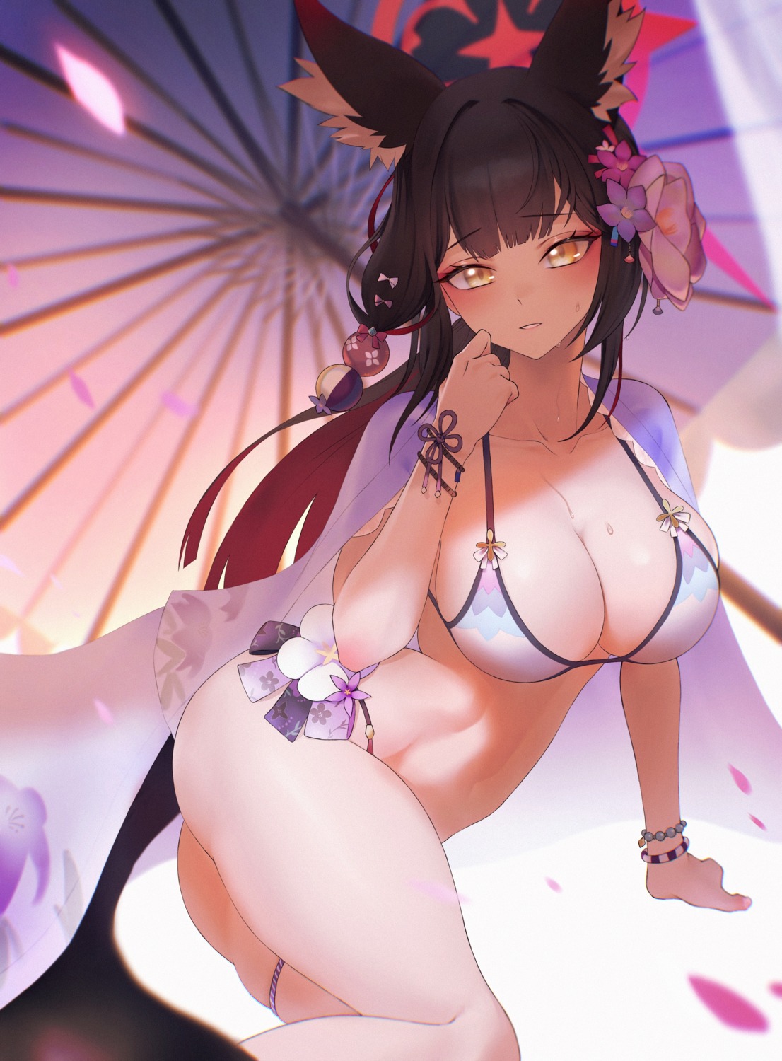 animal_ears bikini blue_archive garter kazane-wind kitsune kosaka_wakamo swimsuits tail umbrella