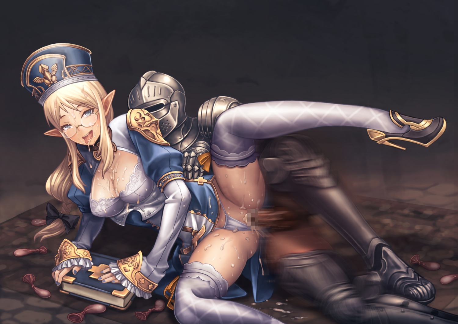 armor censored cleavage cum heels megane pantsu panty_pull pointy_ears sex tagme thighhighs