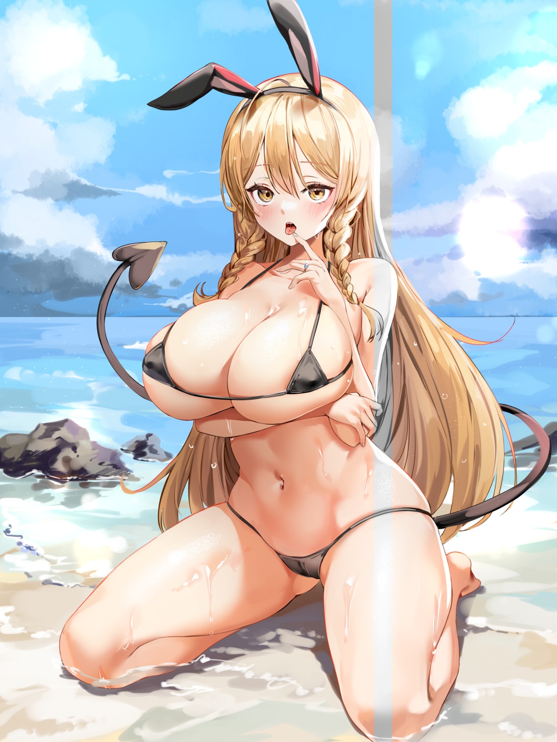 animal_ears areola bikini breast_hold bunny_ears cameltoe erect_nipples lillly swimsuits tail wet