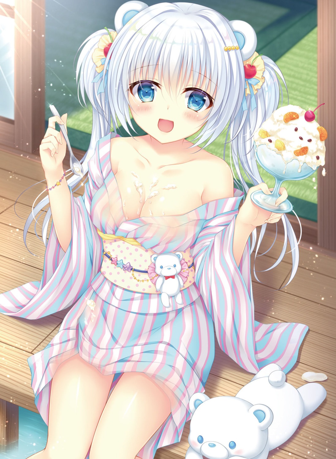 animal_ears cleavage cream digital_version kohinata_hoshimi open_shirt see_through yukata