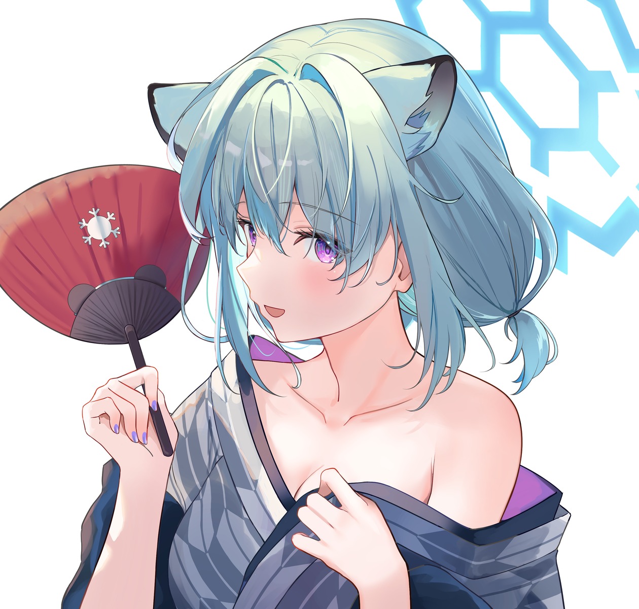 animal_ears blue_archive cleavage halo mayoi_shigure no_bra open_shirt sora01o undressing yukata