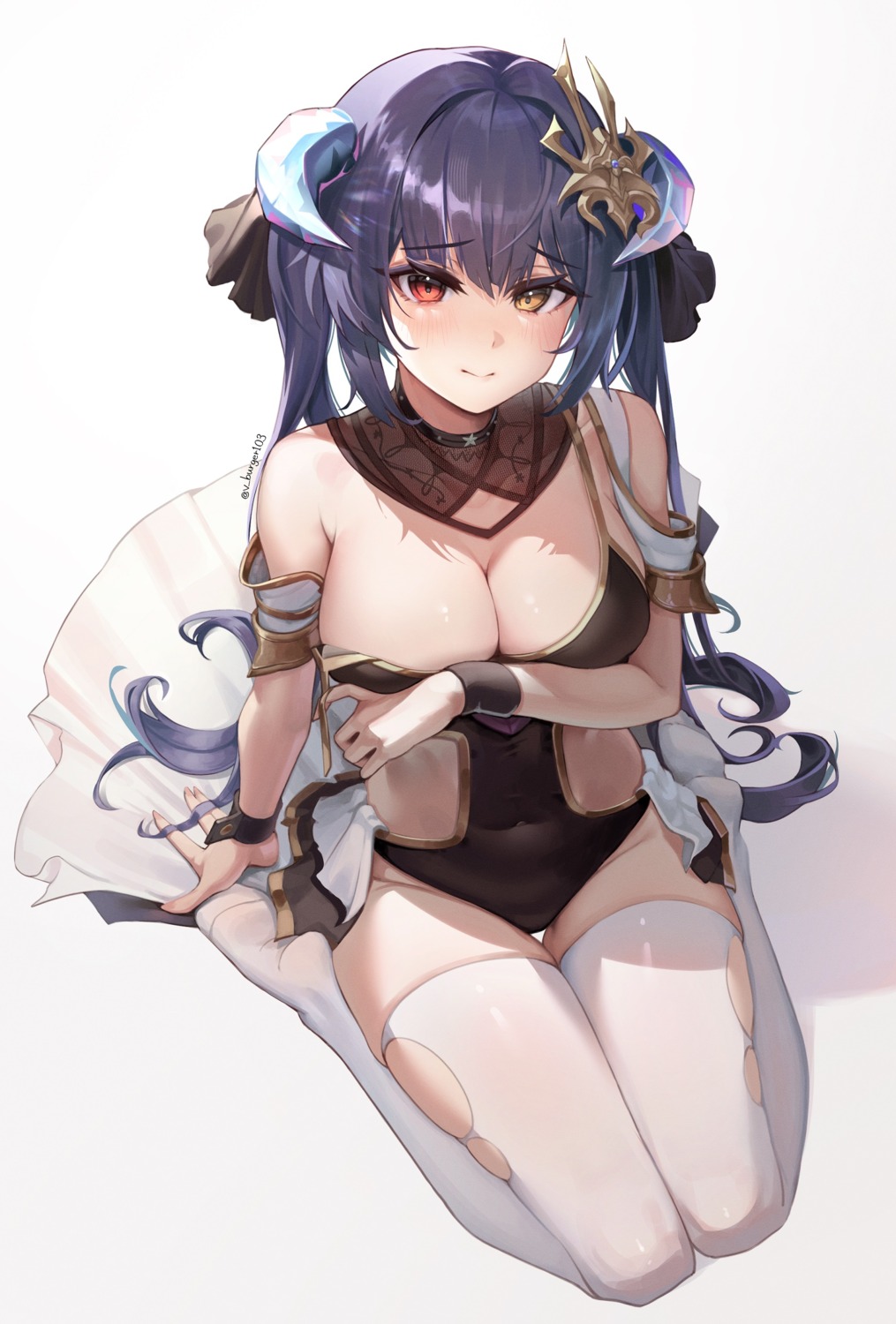 breast_hold heterochromia horns leotard no_bra ruthenium77's_character thighhighs v_burger103