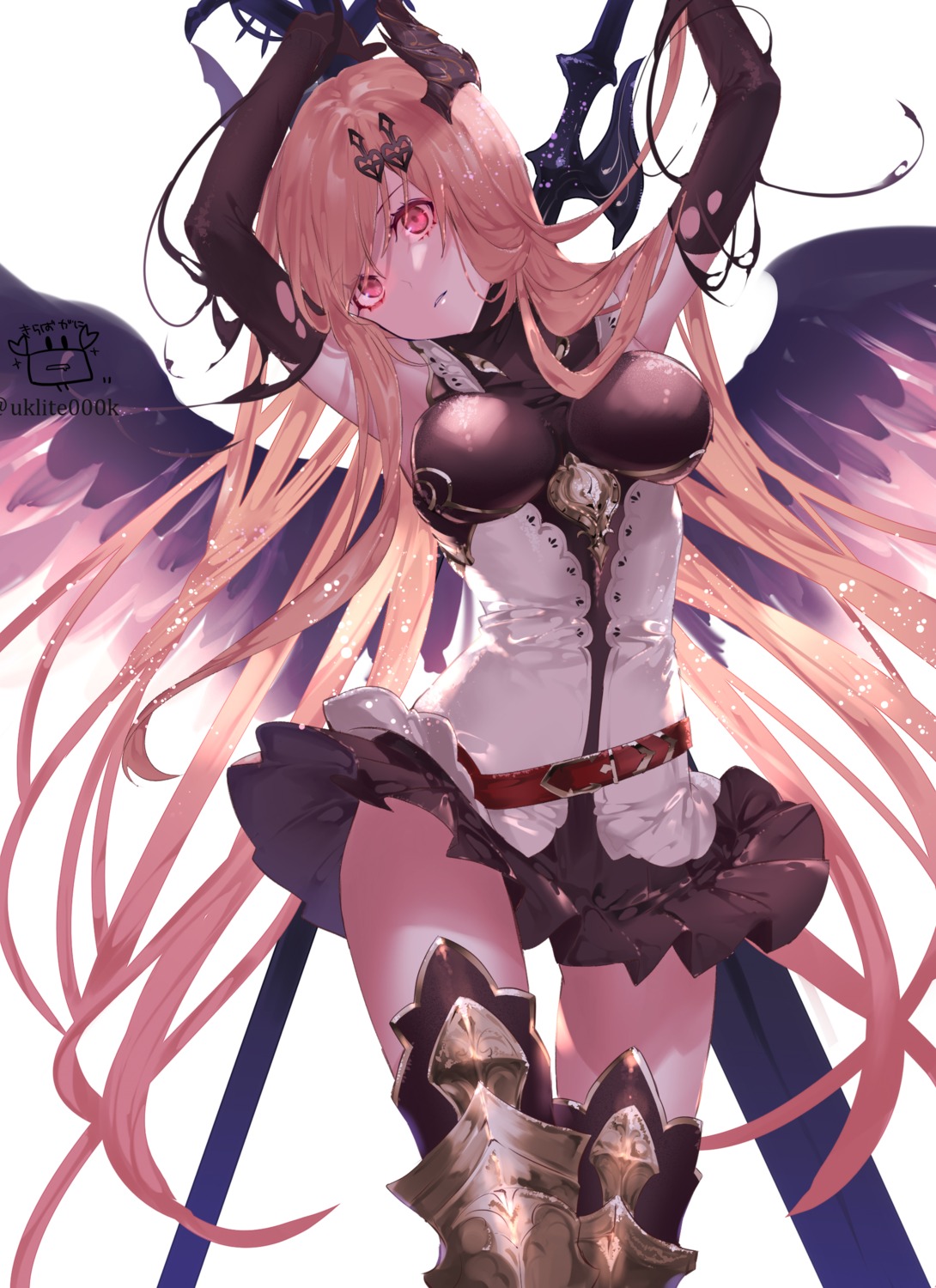 armor dark_angel_olivia granblue_fantasy horns skirt_lift sword thighhighs wings yuuki_kira