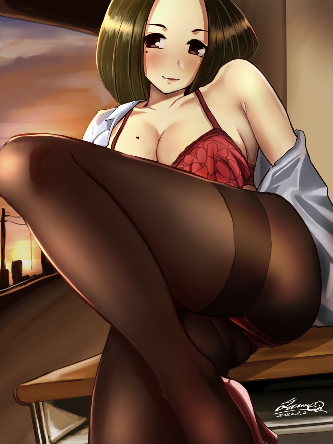 bra cleavage heels open_shirt pantsu pantyhose tagme