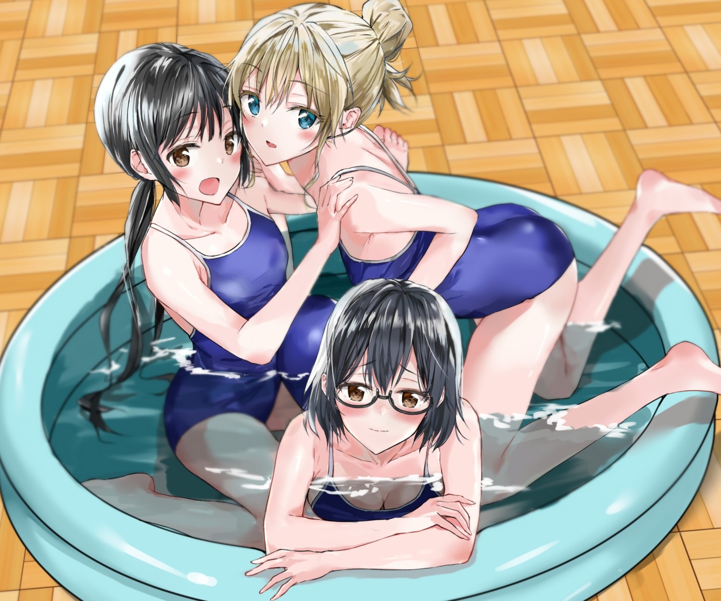 asobi_asobase cleavage fujisaki_ribbon honda_hanako megane nomura_kasumi olivia_(asobi_asobase) school_swimsuit swimsuits wet