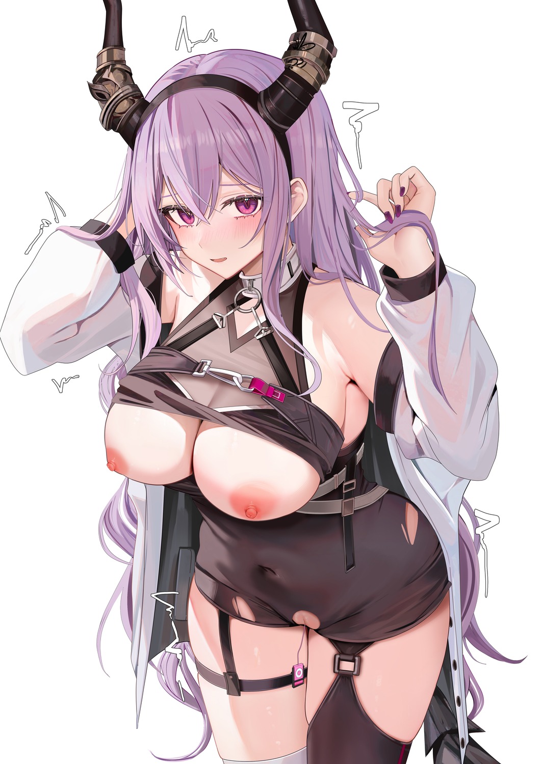 arknights horns nipples no_bra pussy ru_zhai stockings thighhighs torn_clothes typhon_(arknights) uncensored vibrator