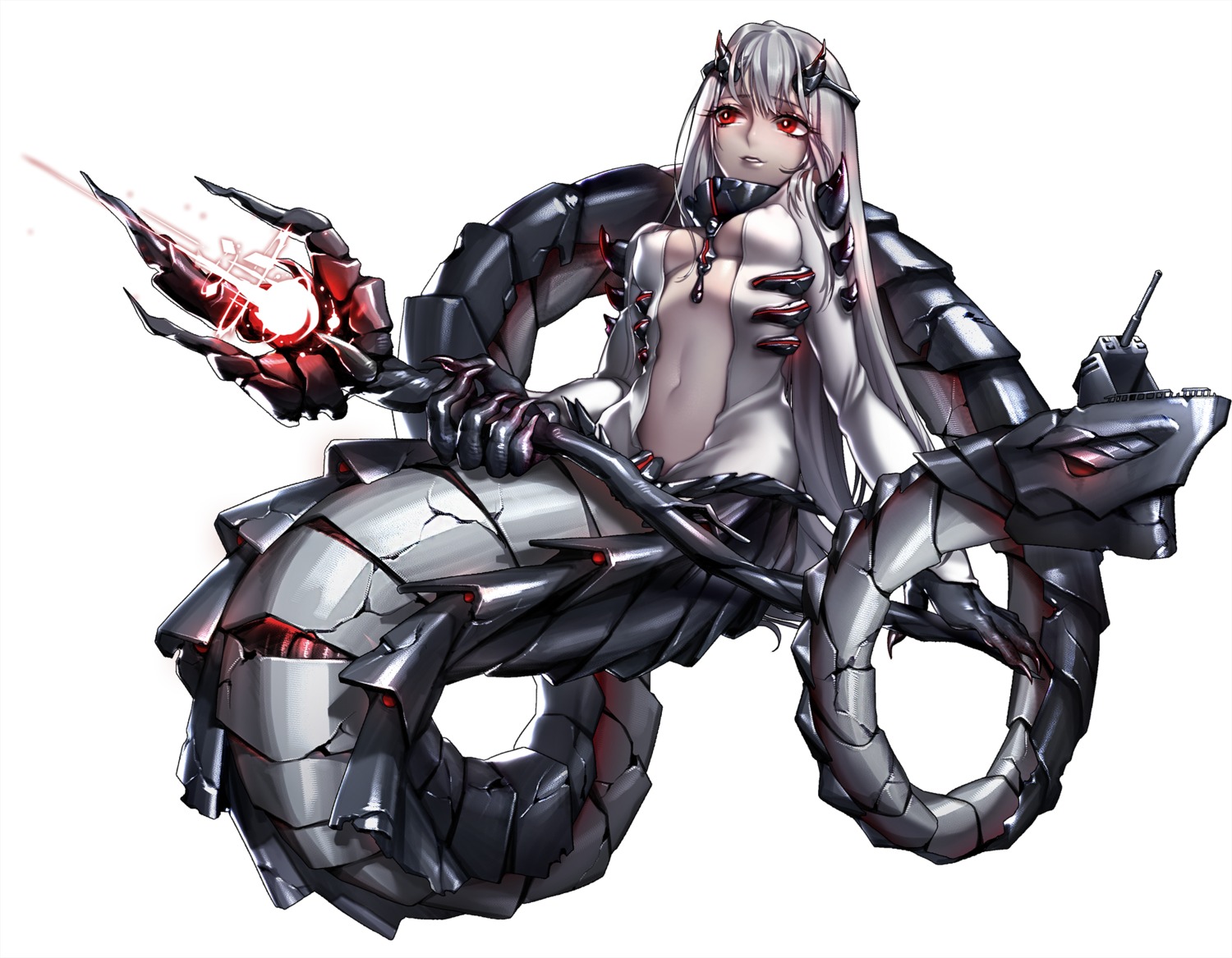 battleship_girl bodysuit cleavage erect_nipples mecha_musume no_bra open_shirt quuni tail weapon