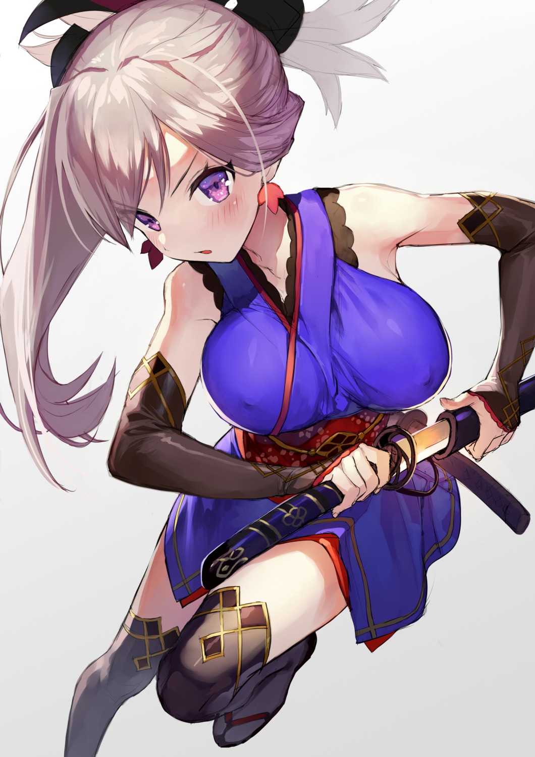 erect_nipples fate/grand_order gaou_(matsulatte) japanese_clothes miyamoto_musashi_(fate/grand_order) sword thighhighs