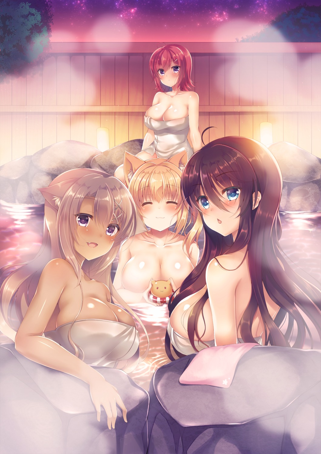 animal_ears bathing breast_hold cleavage naked onsen sakura_spirit suzunone_rena towel wet