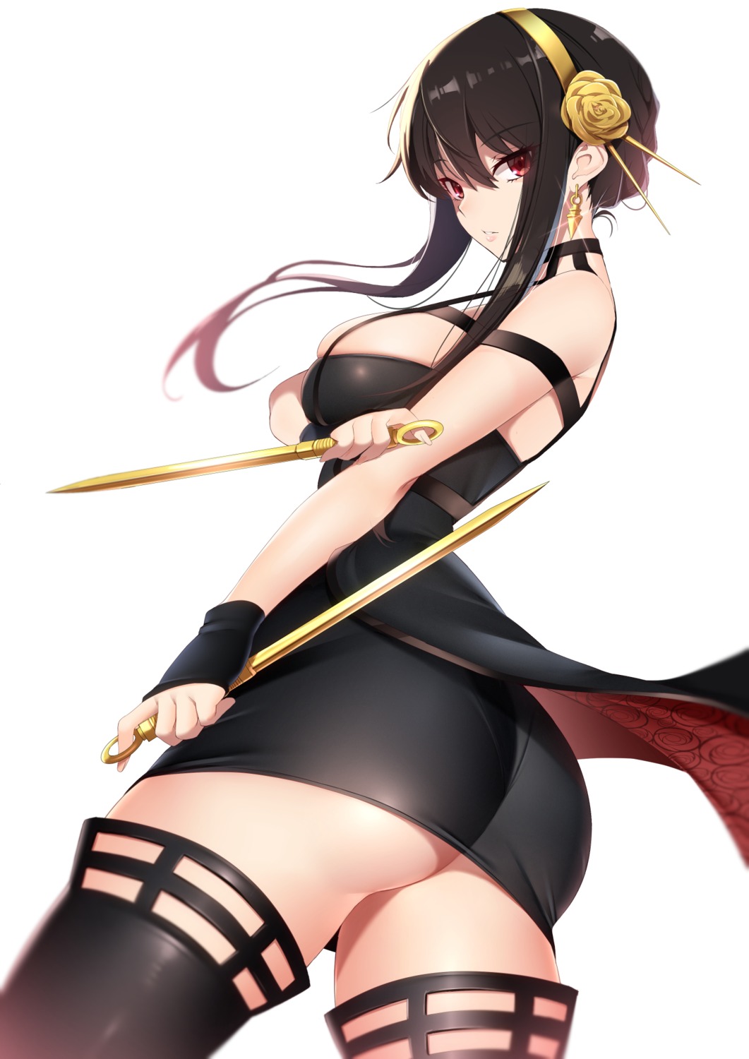 ass dress kippuru no_bra pantsu see_through skirt_lift spy_x_family thighhighs thong weapon yor_briar