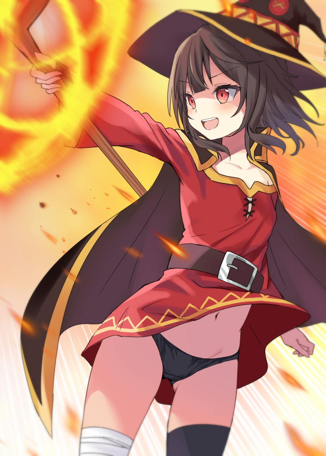 akino_ell bandages dress kono_subarashii_sekai_ni_shukufuku_wo! loli megumin pantsu skirt_lift thighhighs weapon witch