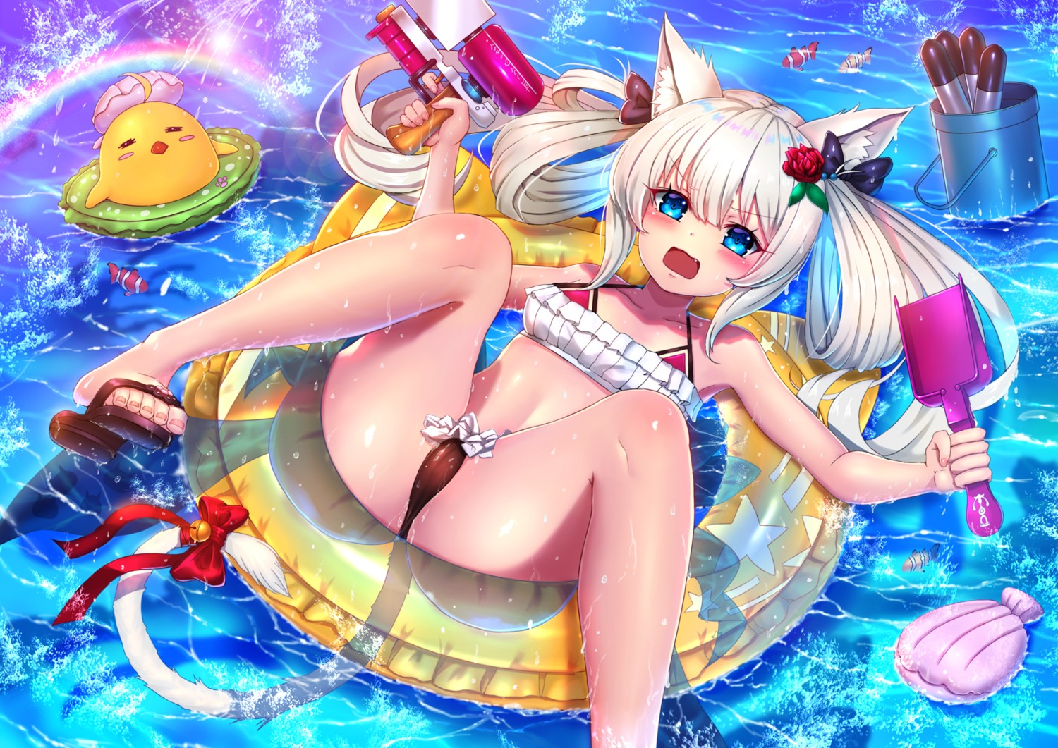 animal_ears azur_lane bikini cameltoe gun hammann_(azur_lane) loli manjuu_(azur_lane) nekomimi swimsuits tagme tail thong wet