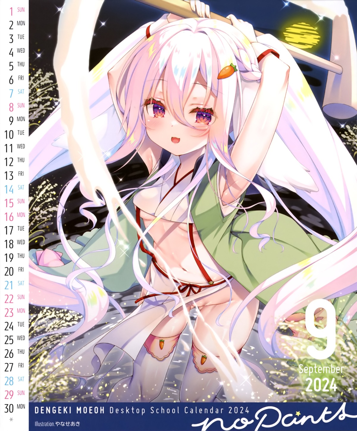 animal_ears bunny_ears calendar japanese_clothes nopan skirt_lift thighhighs underboob weapon yanase_aki