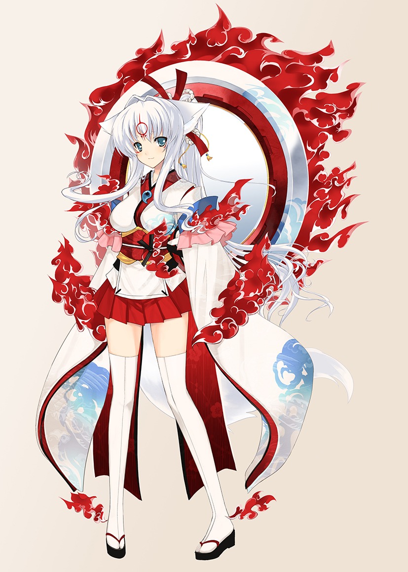 achunchun amaterasu animal_ears japanese_clothes ookami tail thighhighs