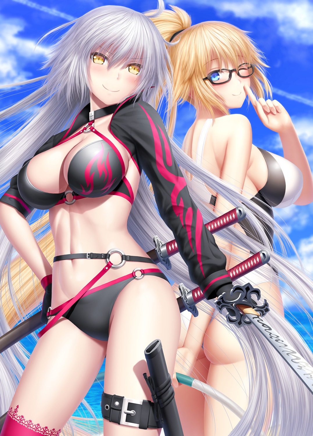 ass bikini cleavage fate/grand_order garter jeanne_d'arc jeanne_d'arc_(alter)_(fate) jeanne_d'arc_(fate) masatoki megane swimsuits sword thighhighs