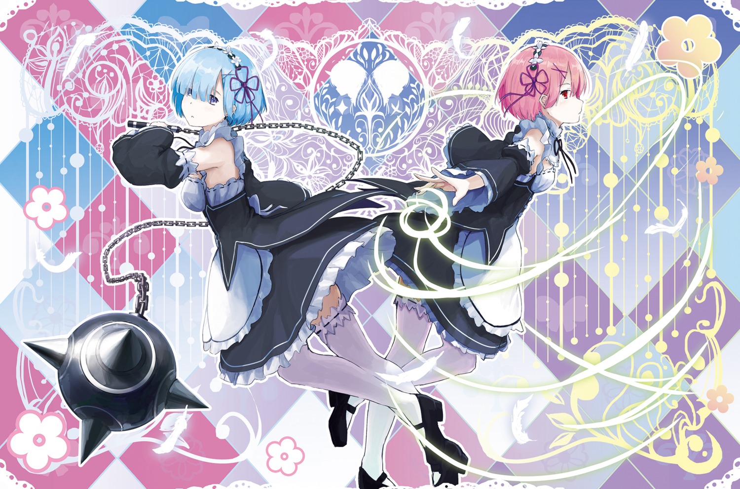 heels kyaro maid ram_(re_zero) re_zero_kara_hajimeru_isekai_seikatsu rem_(re_zero) thighhighs weapon