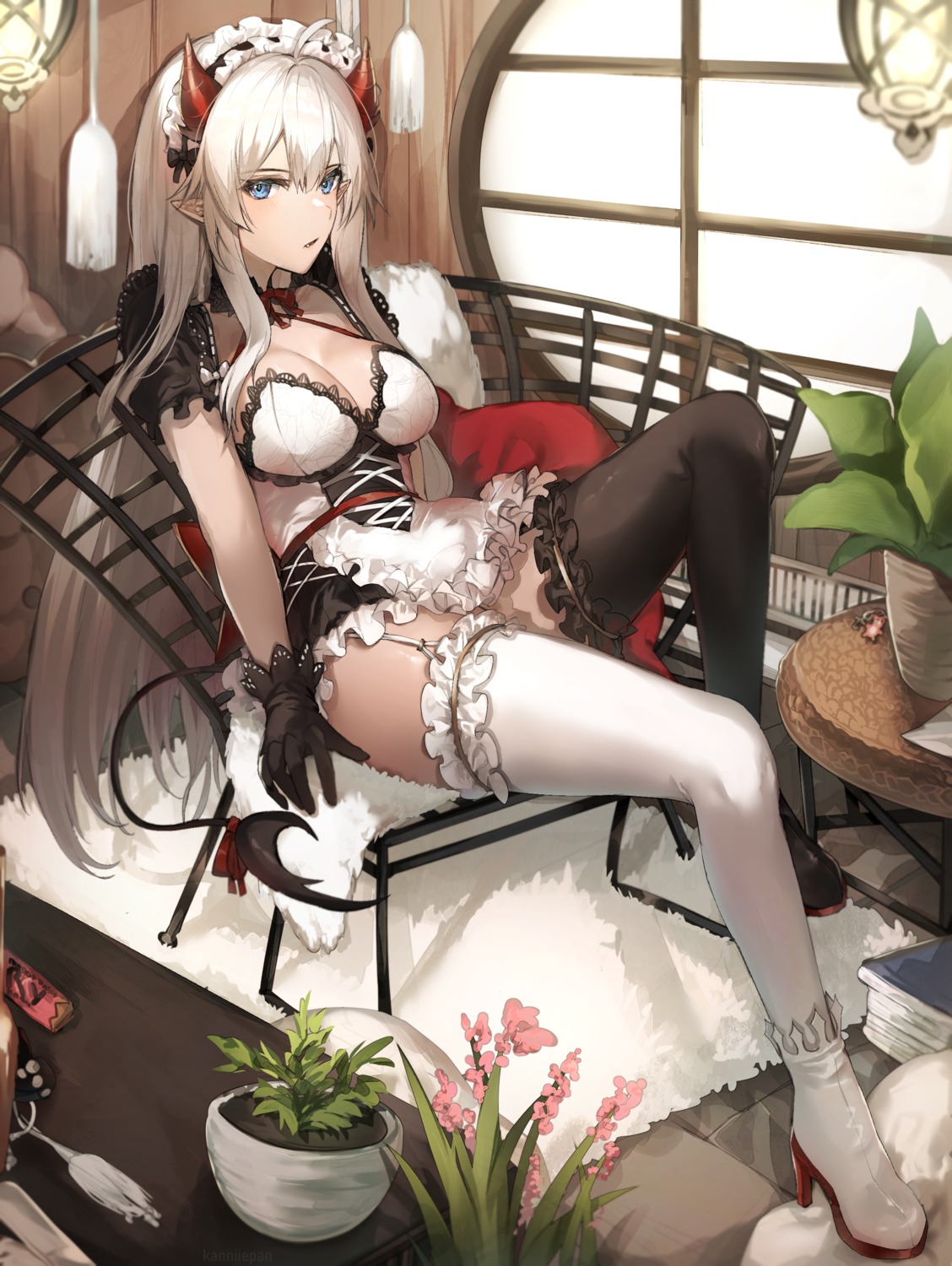 cleavage heels horns kanniiepan maid pointy_ears skirt_lift stockings thighhighs