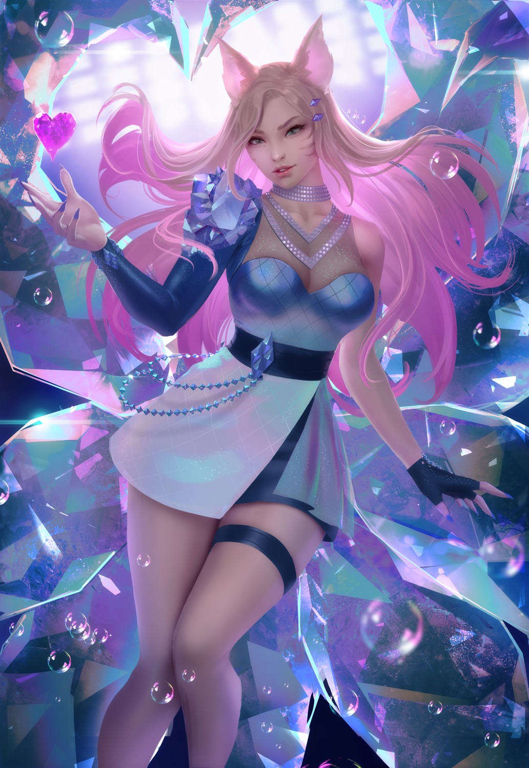 ahri animal_ears dress garter kitsune league_of_legends no_bra see_through tail zarory