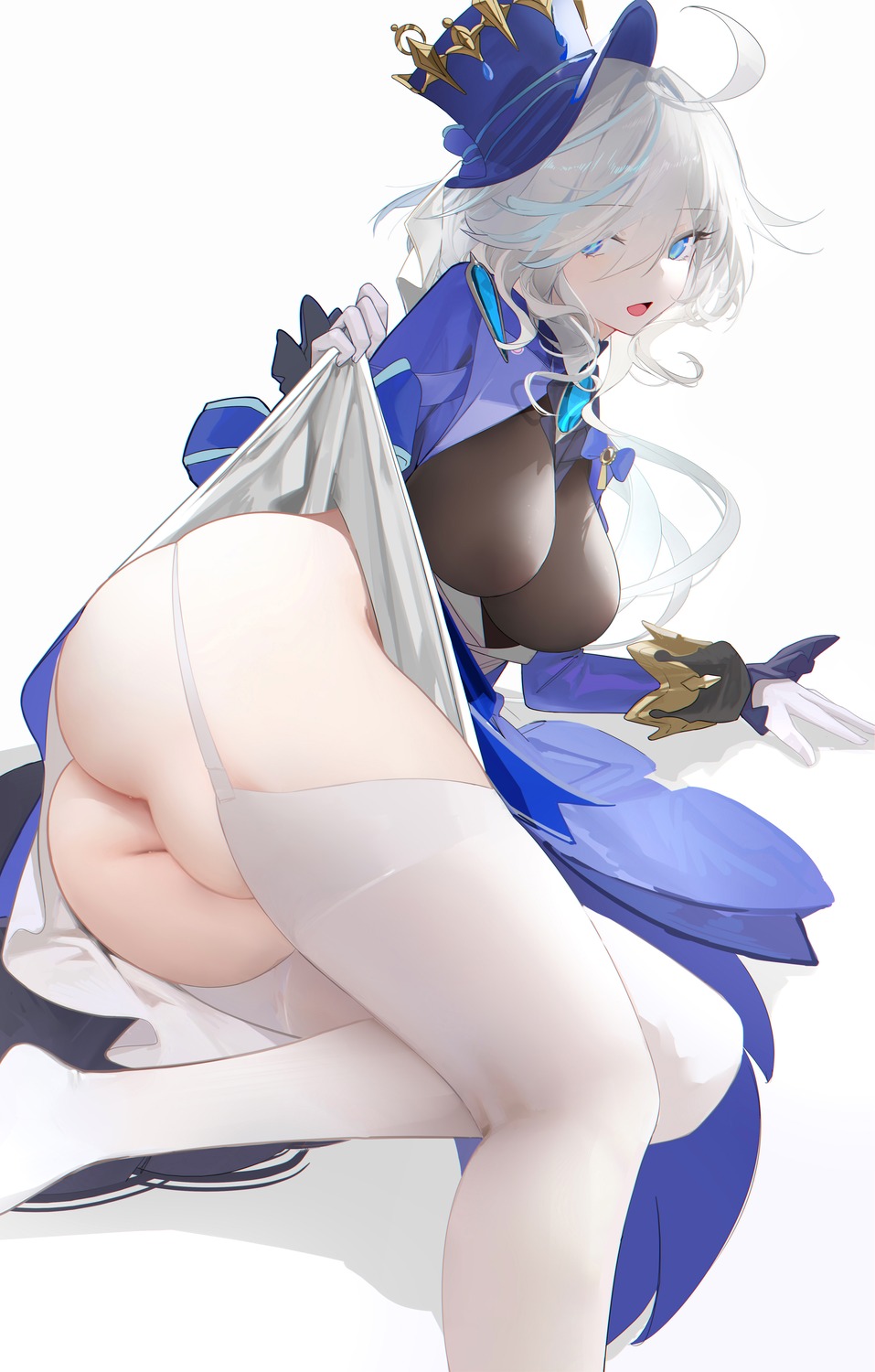 ass furina genshin_impact heterochromia nopan omone_hokoma_agm skirt_lift stockings thighhighs