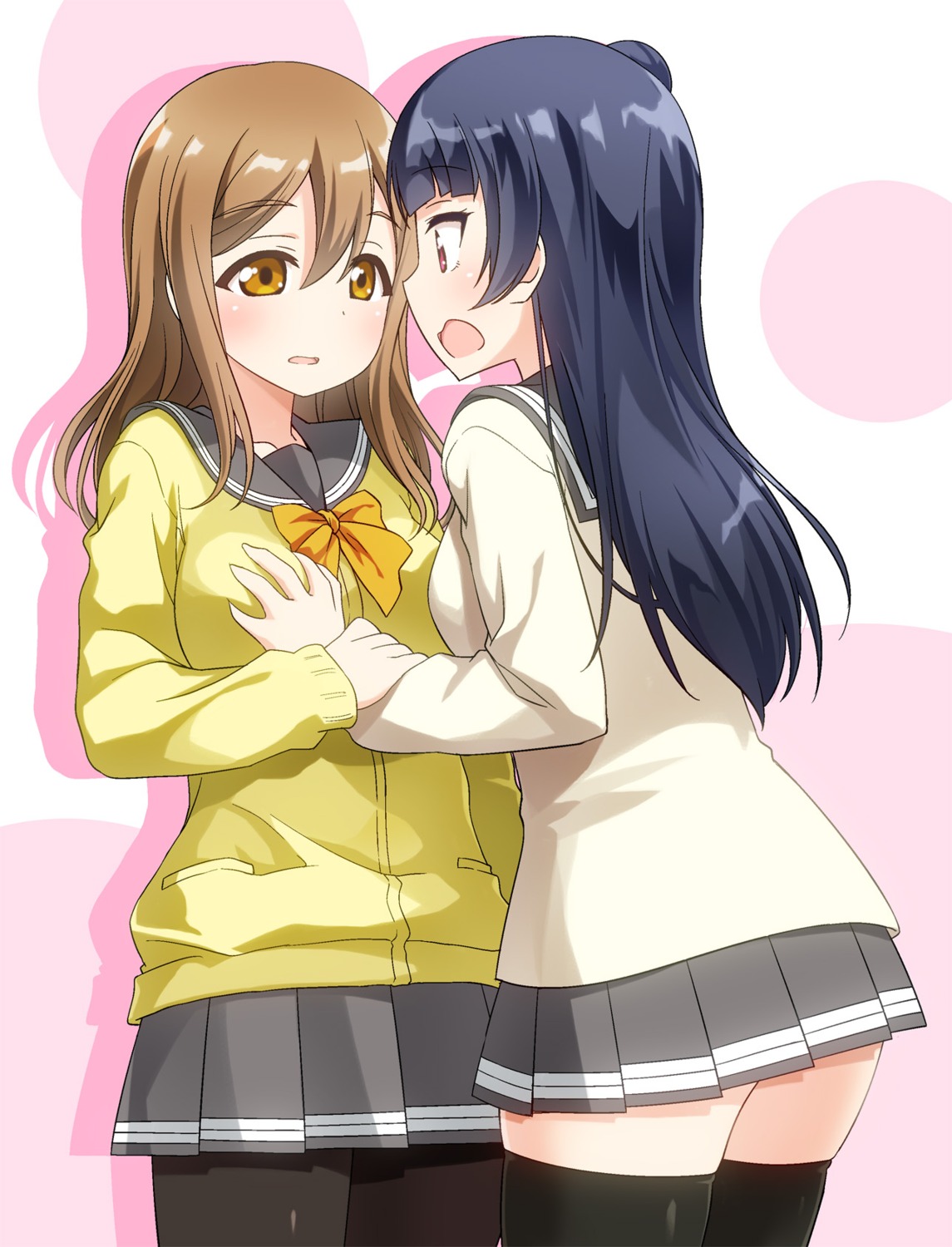 breast_hold kunikida_hanamaru love_live!_sunshine!! pantyhose seifuku sweater thighhighs tsushima_yoshiko umekichi yuri