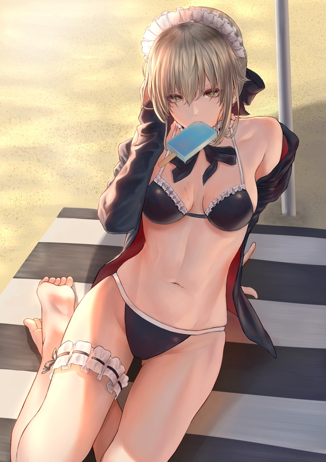 bikini cleavage fate/grand_order garter maid mugetsu open_shirt saber saber_alter swimsuits